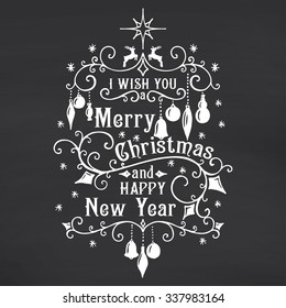 I wish you a Merry Christmas lettering on chalkboard background. Congratulations card. Vector illustration