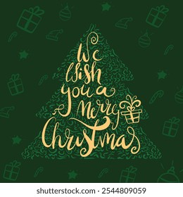 “We wish you a Merry Christmas” on a green background, decorated with festive icons like gifts, sweets, Santa hats, and ornaments on a Christmas tree. Perfect for a holiday-themed greeting card