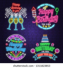 Wish you a very happy Birthday dear friend neon sign. Badge, sticker, card, with birthday hat, firework and cake with candles. Vector. Neon design for birthday celebration emblem. Night neon signboard