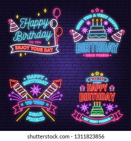 Wish you a very happy Birthday dear friend neon sign. Badge, sticker, card, with birthday hat, firework and cake with candles. Vector. Neon design for birthday celebration emblem. Night neon signboard