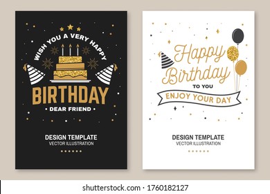 Wish you a very happy Birthday dear friend. Badge, sticker, card, with birthday hat, firework and cake with candles. Vector. Vintage typographic design for birthday celebration emblem in retro style