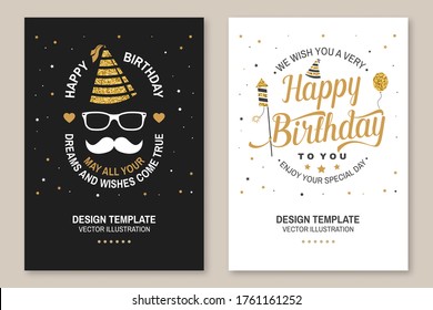 Wish you a very happy Birthday dear friend. Badge, sticker, card, with birthday hat, firework, mustache and cake with candles. Vector. Set of vintage typographic design for birthday celebration emblem