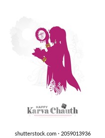 Wish you a very happy karwa chauth festival card design with Beautiful Indian hindu married ladies women who wear jewellery and looking moon rise