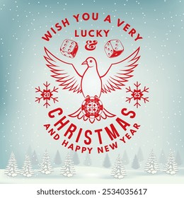 Wish you a very lucky Christmas and Happy New Year. Vintage print, logo, badge design with dove holding casino chips and two dice silhouette. Vector illustration.