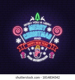 Wish you a very Merry Christmas and Happy New Year neon sign with snowflakes, christmas candy, snowman. Vector illustration. Vintage typography design for xmas, new year emblem in retro style