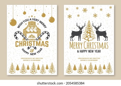 Wish you a very Merry Christmas and Happy New Year poster, flyer, greeting cards with fireplace, Christmas socks, christmas candy. Vector. Vintage design for xmas, new year emblem in retro style.