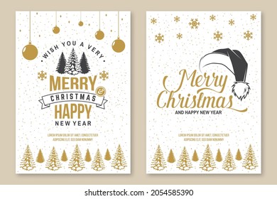 Wish you a very Merry Christmas and Happy New Year poster, flyer, greeting cards with forest landscape, christmas tree. Vector. Vintage typography design for xmas, new year emblem in retro style.