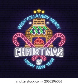 Wish you a very Merry Christmas and Happy New Year neon sign with fireplace, Christmas socks, christmas candy. Vector illustration. Vintage design for xmas, new year emblem in retro style.