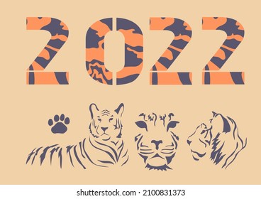 Wish you a very Merry Christmas Happy New Year Greeting Card. Eastern calendar. Year 2022 of the tiger