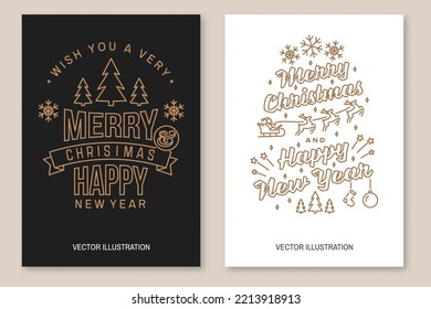 Wish you a very Merry Christmas and Happy New Year flyer, brochure, banner, poster with forest landscape, christmas tree, angels, santa claus in sleigh with deer. Vector. Line art design for xmas, new