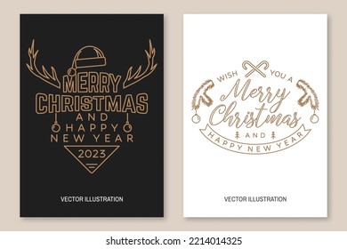 Wish you a very Merry Christmas and Happy New Year flyer, brochure, poster with christmas candy, elk, fir branches. Vector illustration. Line art design for xmas, new year emblem in retro style.