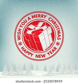 Wish you a very Merry Christmas and Happy New Year stamp, sticker set with snowflakes, christmas gift. Vector illustration. Vintage typography design for xmas, new year emblem in retro style.