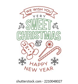 I wish you a very sweet Christmas and Happy New Year stamp, sticker set with snowflakes, christmas candy, cookie. Vector. Line art design for xmas, new year emblem in retro style.