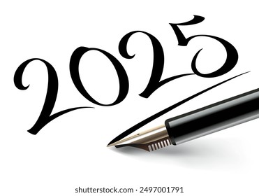 Wishes 2025 inscribed on a white paper in black ink with a fountain pen and underlined as a signature.
