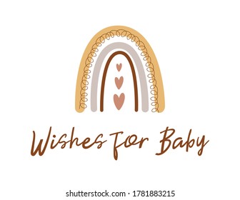 Wishes For Baby. Boho Baby Shower Game. Cute Kids Rainbow Card. Gender Neutral Baby Shower Invite Vector