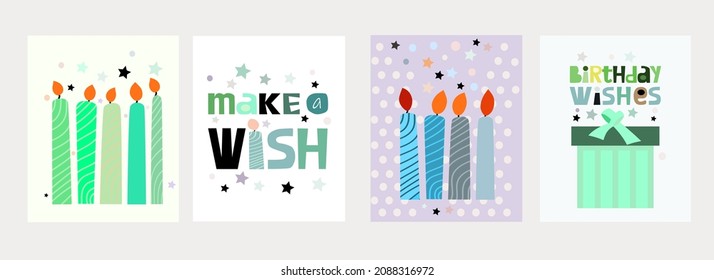 Wishes celebrations vector designs. Happy birthday card. Cute birthday greeting cards with hand drawn elements gifts, candles. set. make a wish. 