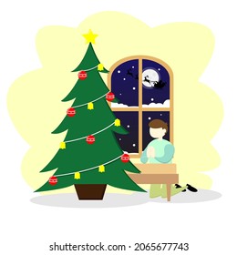 Wishes for Christmas. A child is praying for a gift on Christmas Eve. Fit for news media, childrens book, story illustration, etc