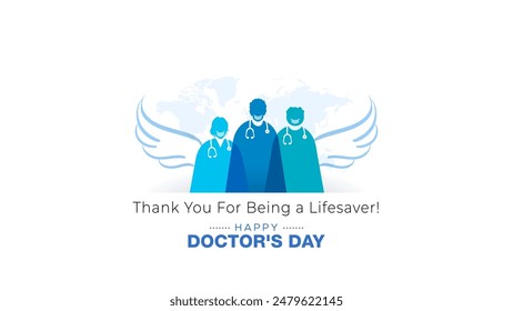 Wishies card of National Doctors' Day. 3 doctors, Vector illustration