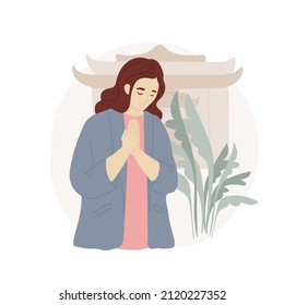 Wishing abstract concept vector illustration. Inspired young woman wishing, praying, traditional Buddhist religious pilgrimage, holy place, honour and devotion, spiritual mood abstract metaphor.