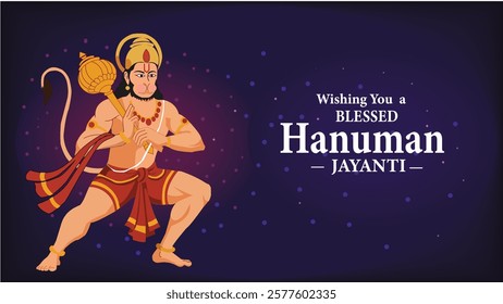 Wishing a blessed Hanuman Jayanti with Lord Hanuman in a dynamic pose, symbolizing strength and devotion against a deep purple backdrop