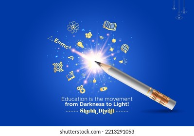 wishing card design for diwali festival. Diwali light fireworks sparkle with educational icons and pencil on blue background.