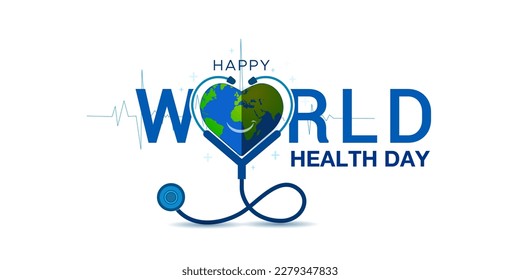 Deseando un concepto creativo del Día Mundial de la Salud. Texto del Día Mundial de la Salud con estetoscopio médico y globo feliz en forma de corazón.