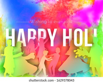 Wishing To Everyone Happy Holi Text with Paper Cut People Enjoying or Celebrating on Color Splash Background.