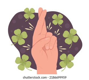Wünschen Sie Glück 2D Vektor einzelne Illustration. Überkreuzte Finger flache Handgesten auf Cartoon-Hintergrund. Superstil bunter bearbeitbarer Szene für Handy, Website, Präsentation