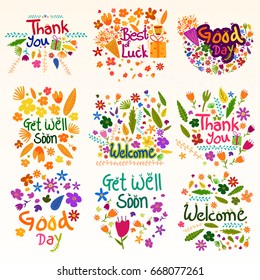 Wishing and greetings for Thank you, Best of Luck, Good Day, Welcome, Get Well Soon in vector