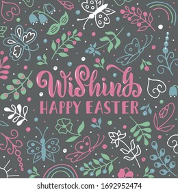 Wishing Happy Easter handwritten text. Modern brush calligraphy, doodle style floral illustration for banner, card, invitation template. Hand lettering. Cute vector illustration: flowers, butterflies