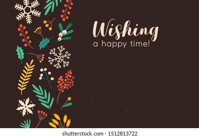 Wishing happy time banner vector template. Xmas greeting card, festive postcard concept. Christmas congratulations. Snowflakes, branches and berries flat illustration with place for text.