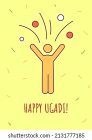 Wishing happy ugadi greeting card with color icon element. Indian holiday. Postcard vector design. Decorative flyer with creative illustration. Notecard with congratulatory message on yellow