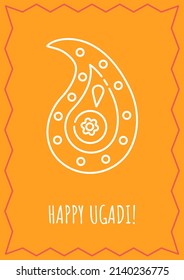 Wishing happy ugadi postcard with linear glyph icon. Indian holiday. Greeting card with decorative vector design. Simple style poster with creative lineart illustration. Flyer with holiday wish

