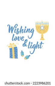 Wishing love and light. Happy Hanukkah card. Holidays lettering. Ink illustration. Vector illustration.