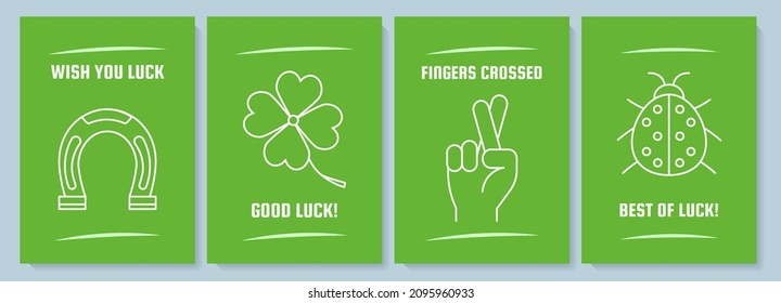 Wishing luck green postcard with linear glyph icon set. Greeting card with decorative vector design. Simple style poster with creative lineart illustration. Flyer with holiday wish