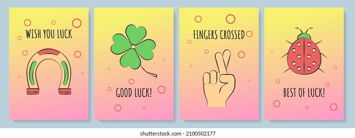 Wishing luck greeting card with color icon element set. Good fortune compliment. Postcard vector design. Decorative flyer with creative illustration. Notecard with congratulatory message