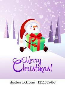 Wishing Merry Christmas and Happy New Year snowman with gift banner design. Creative calligraphy with cartoon character of snowman with gift. Snowy trees. Can be used for posters, banners, greetings