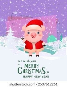 Wir wünschen frohe Weihnachten und ein gutes neues Jahr mit Schweinchen Banner Design. Kreative Kalligrafie mit Cartoon-Charakter des Schweins. Schneebedeckte Bäume auf Hintergrund. Kann für Poster, Banner, Grußworte verwendet werden