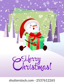 Wishing Merry Christmas and Happy New Year  snowman with gift banner design. Creative calligraphy with cartoon character of snowman with gift. Snowy trees on background. Can be used for posters, banne