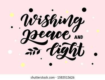 Wishing peace and light hand drawn lettering. Happy Hanukkah. Template banner, poster, flyer, greeting card, web design, print design. Vector illustration.