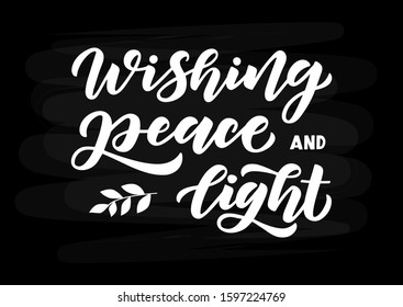 Wishing peace and light hand drawn lettering. Happy Hanukkah. Template banner, poster, flyer, greeting card, web design, print design. Vector illustration.