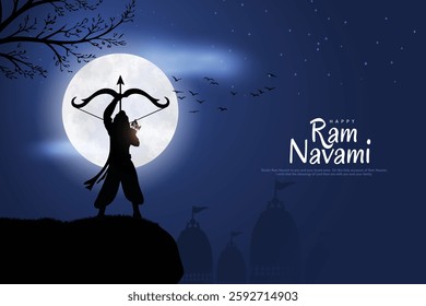 wishing poster for ramnavami and dussehra festival celebration. Banner design creative concept with silhouette lord Rama of Indian epic ramayan.