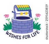 Wishing well sticker in flat style