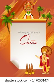 Wishing you all a very Happy Onam festival message card or template design with illustration of King Mahabali, Kathakali dancer and Thrikkakara Appan on brown abstract background.