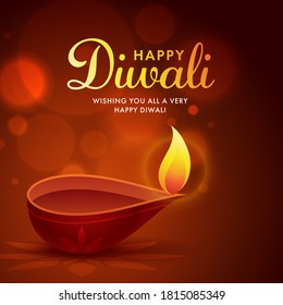 Wishing You All A Very Happy Diwali Card Design with Burning Oil Lamp (Diya) on Brown Background.