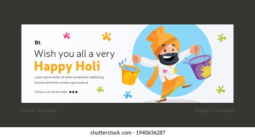 Wishing You All A Very Happy Holi Facebook Cover Page With Punjabi man holding the color buckets in both hands.