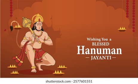 Wishing you a blessed Hanuman Jayanti with Lord Hanuman kneeling and lighting diyas, symbolizing devotion and divine blessings