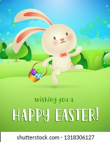 Wishing you happy Easter lettering, bunny with eggs in basket. Easter greeting card. Typed text, calligraphy. For greeting cards, posters, invitations, banners, leaflets and brochures.