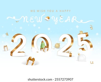 Wishing you a happy new year 2025. White and gold numbers on a blue and white snowy background with Christmas balls, tree and gift boxes. Light snowy festive background.