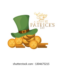 wishing you a happy st patrick`s day label with leprechaun hat